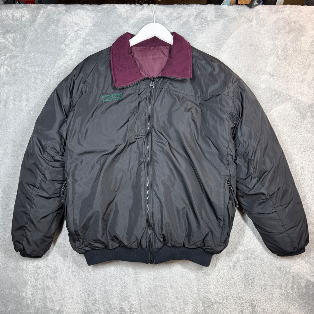 Vintage Columbia Reversible Puffer Jacket Men L Black Maroon Down Insulated 90s